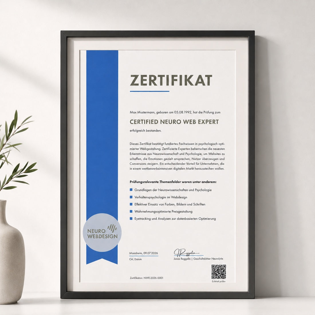 Die gerahmte Urkunde „Certified Neuro Web Expert“